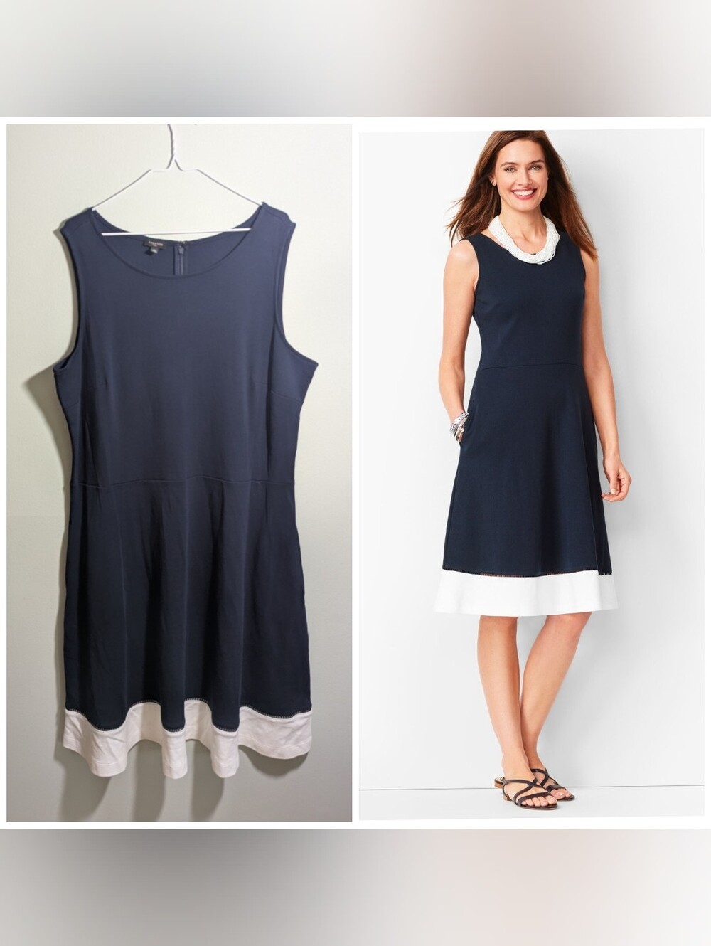 TALBOTS 2X Edie Fit & Flare Dress Navy Blue White Colorblock Cutout Hem Stripe
